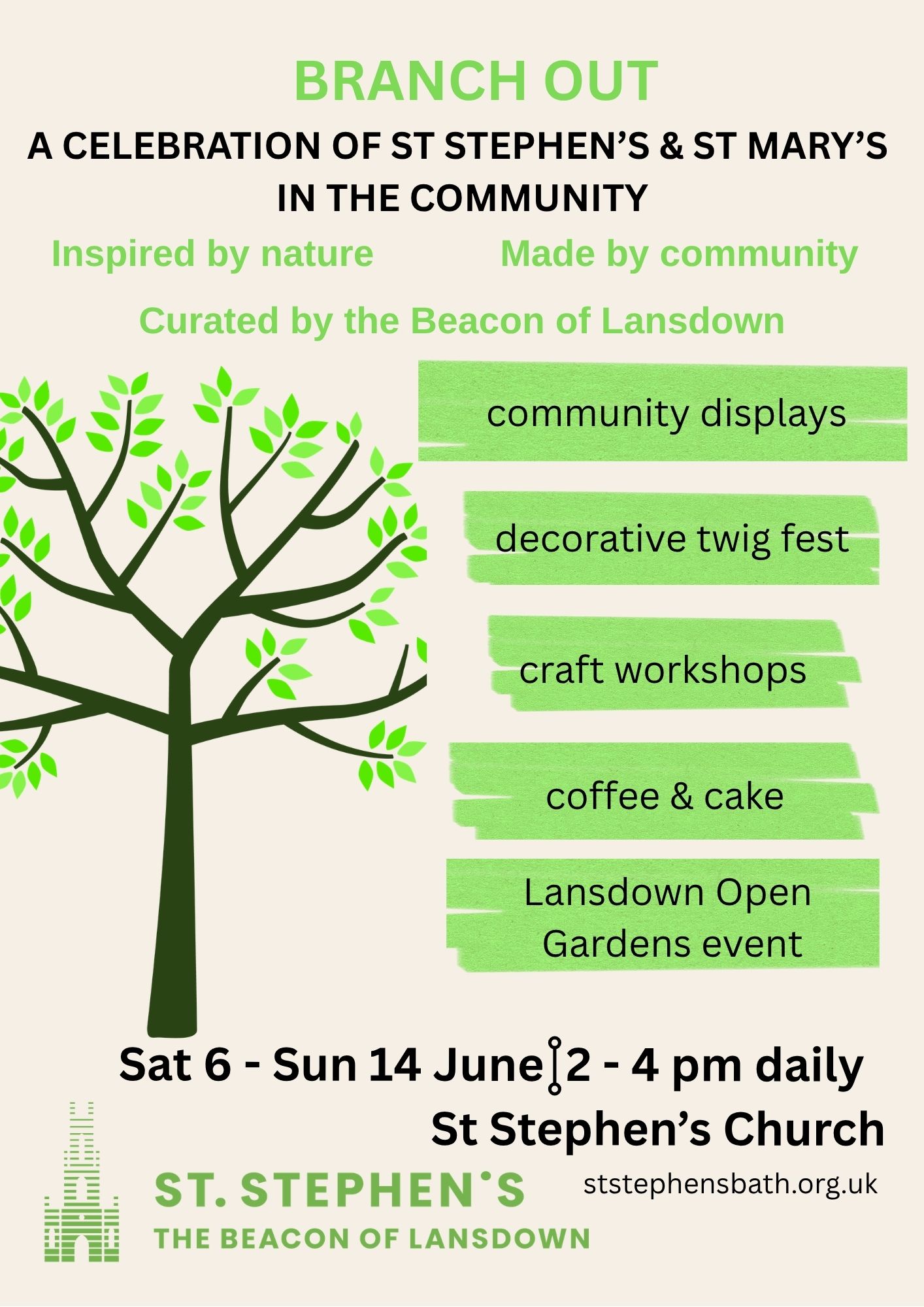 Branch Out a community celebration and farewell to Rev Philip Hawthorn. Sat 6 - Sunday 14 June, 2 - 4 pm daily